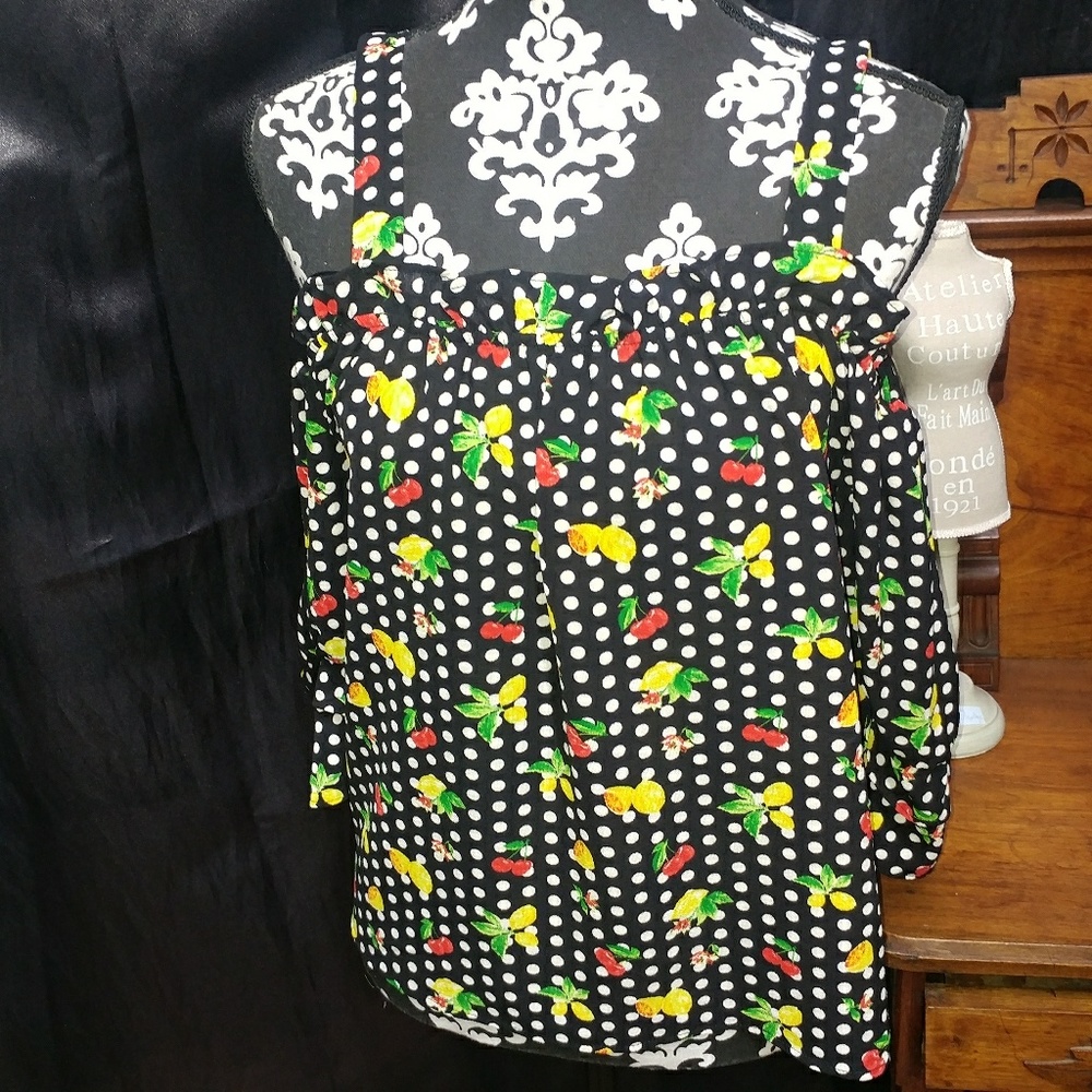 NEW Twine & String | Black Lemon Cherry Fruity Print Off The Shoulder Top Blouse